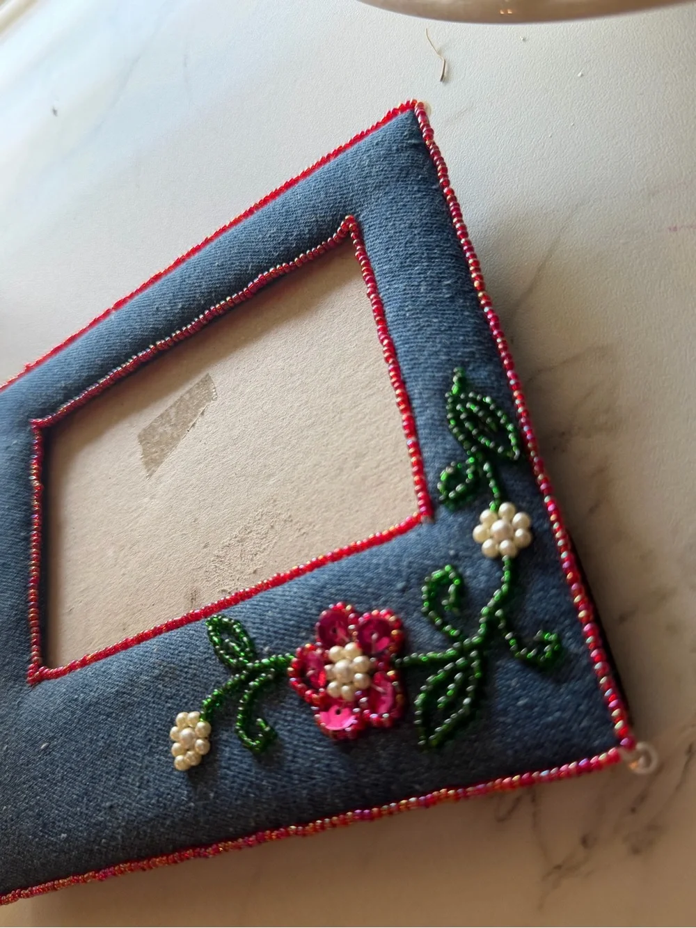 Handcrafted Blue Denim Photo Frame with Pink Beaded Flower